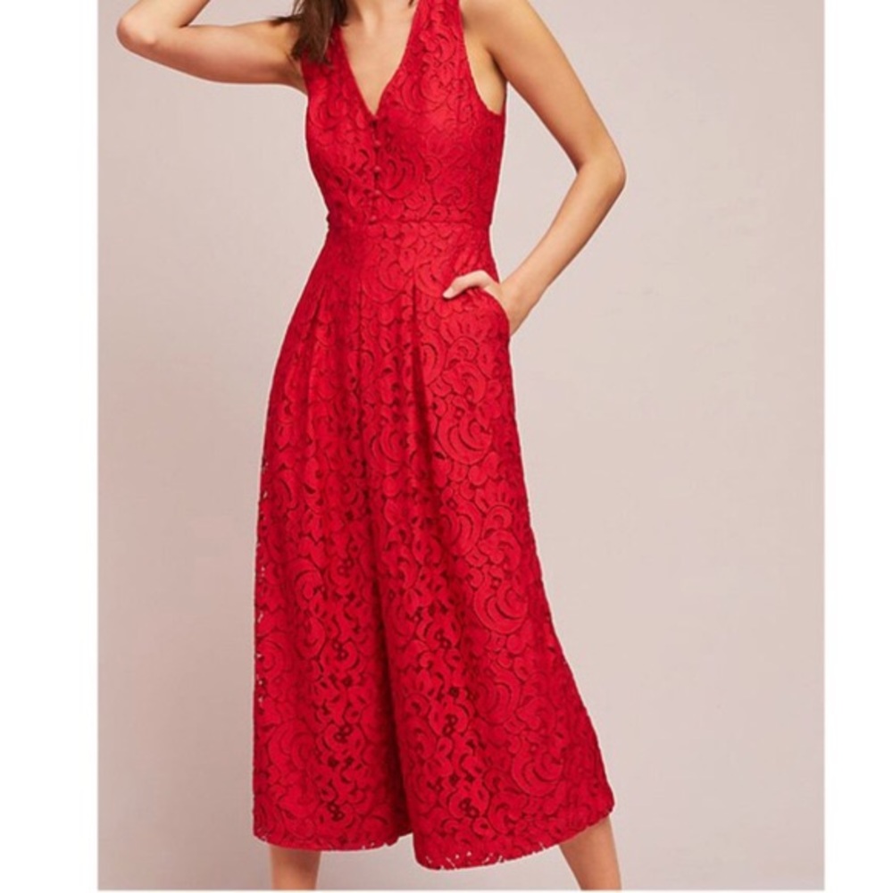 Anthropologie Moulinette Soeurs red lace jumpsuit